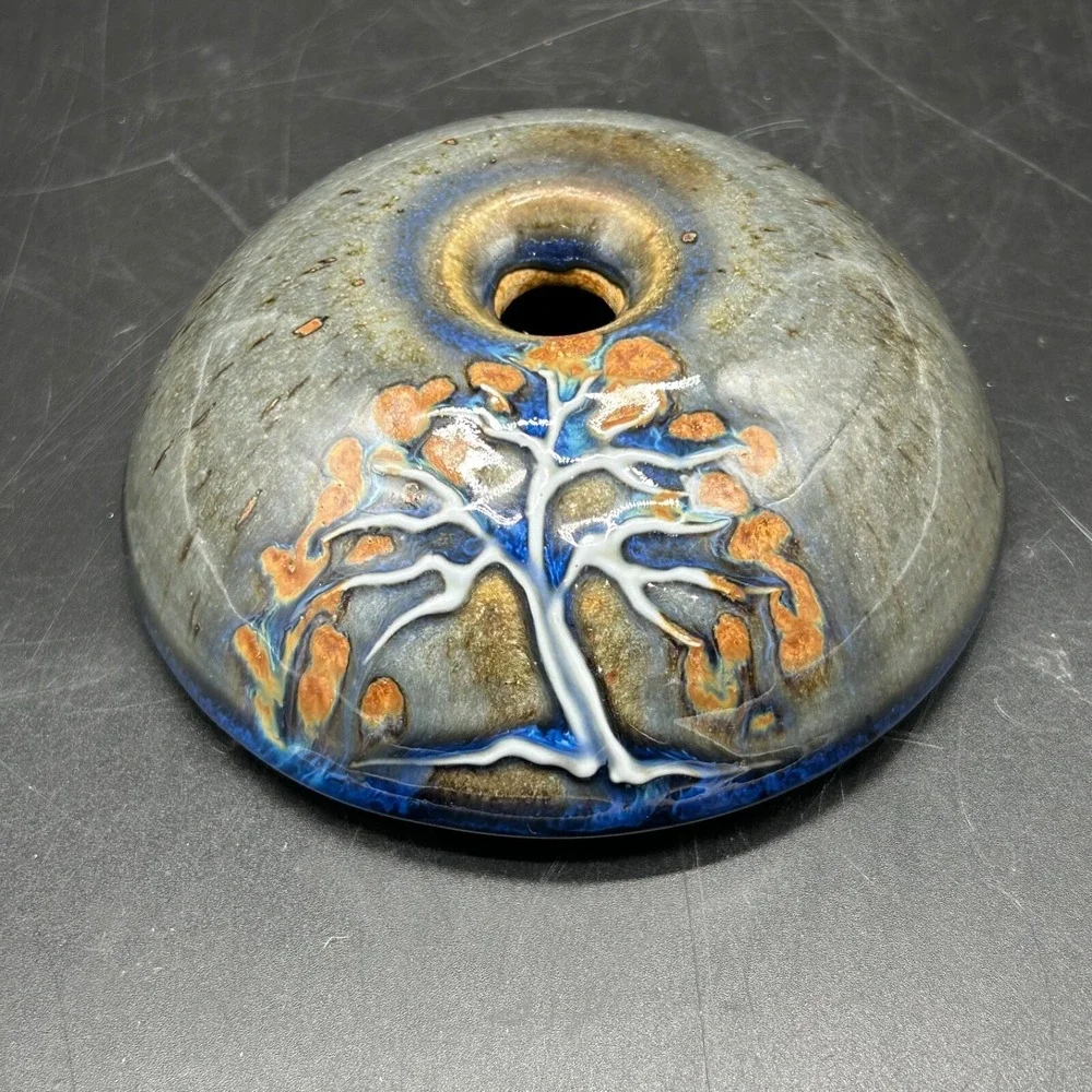 Takahashi Rakusai Oil Lamp‎ Art Pottery Bonsai Tree Green Blue
